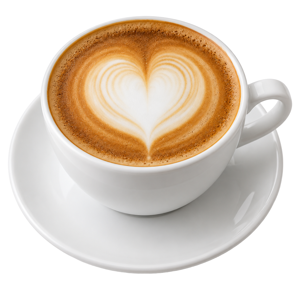 Cappuccino with heart latte art in a white Melbean cup