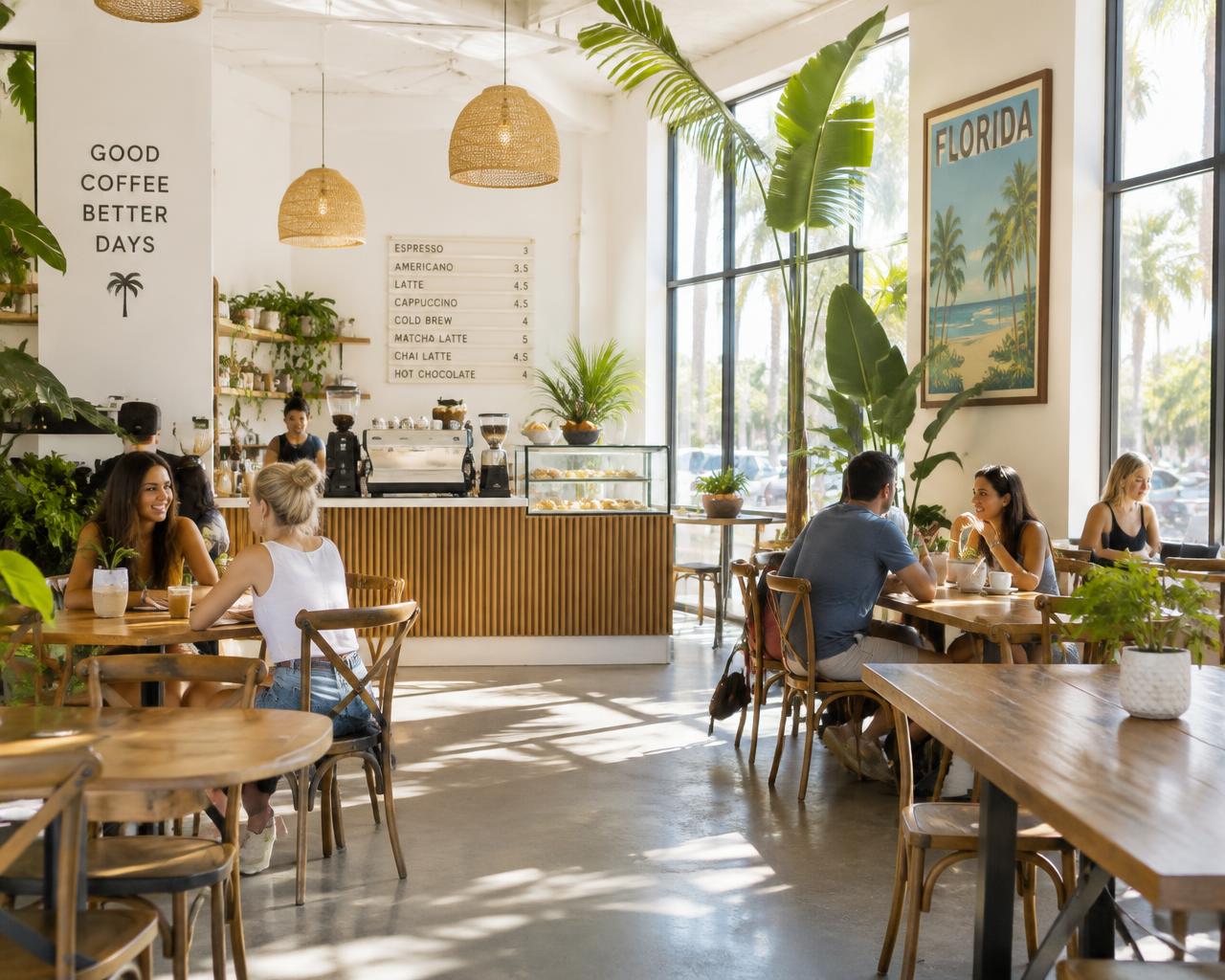 Sunlit Melbean café interior full of plants and guests
